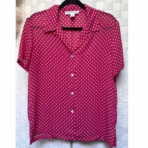 Josephine Chaus Pink White Polka Dot Button Up Short Sleeve Top Shirt Size 10